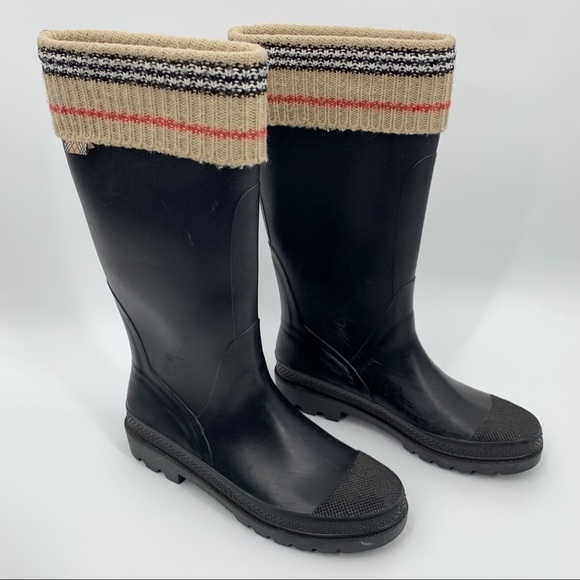 BURBERRY LONDON CLASSIC CHECK PLAID LOGO BLACK RUBBER TALL KNIT RAIN BOOTS - Picture 1 of 8